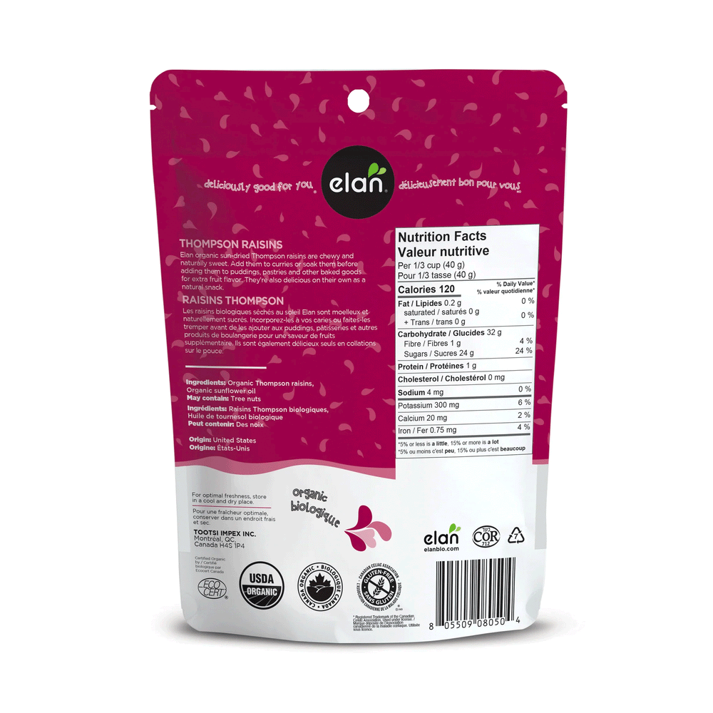 Elan Organic Sun Dried Thompson Raisins, 225g