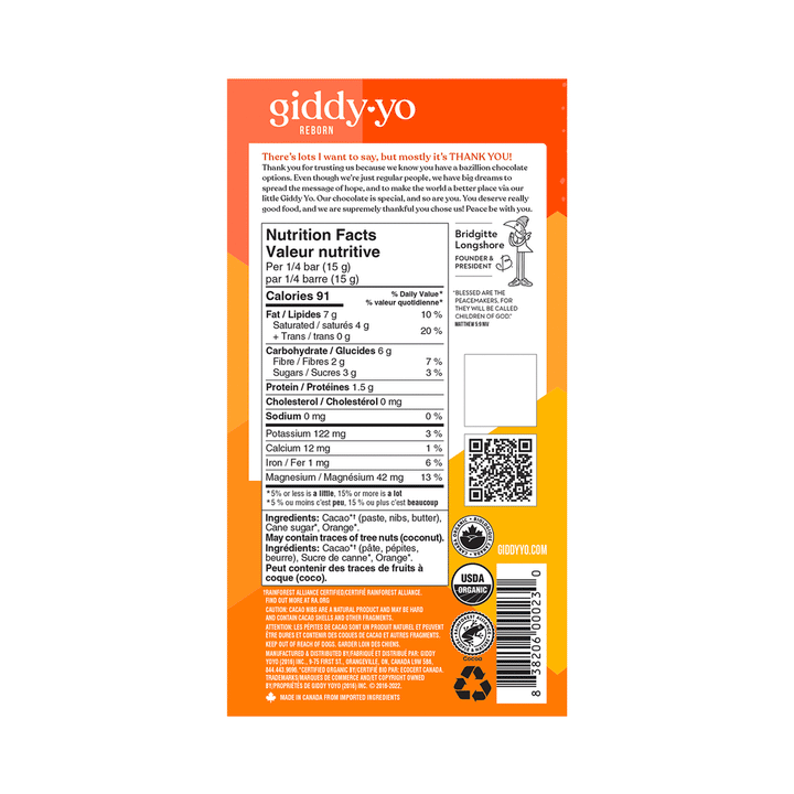 Giddy Yo Organic Orange Crunchy 78% Dark Chocolate Bar, 60g