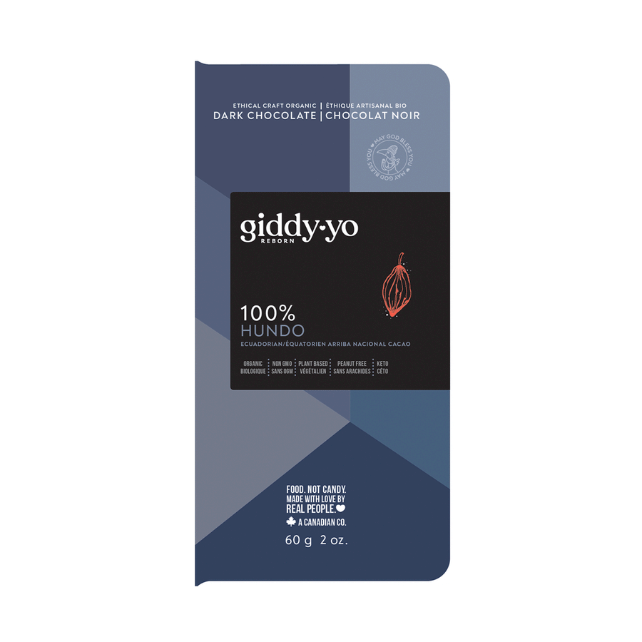 Giddy Yo Organic Hundo 100% Dark Chocolate Bar, 60g