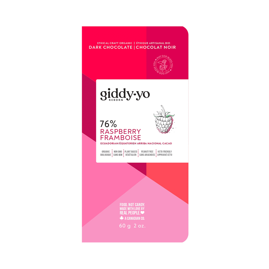 Giddy Yo Organic Raspberry 76% Dark Chocolate Bar, 60g