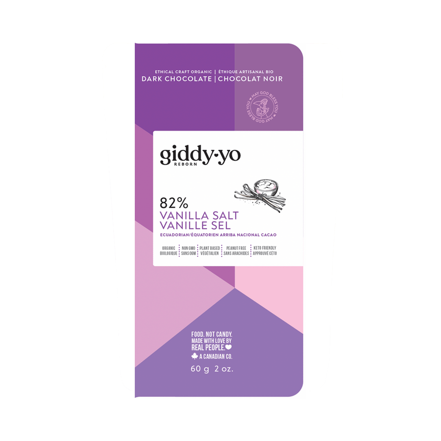 Giddy Yo Organic Vanilla Salt 82% Dark Chocolate Bar, 60g