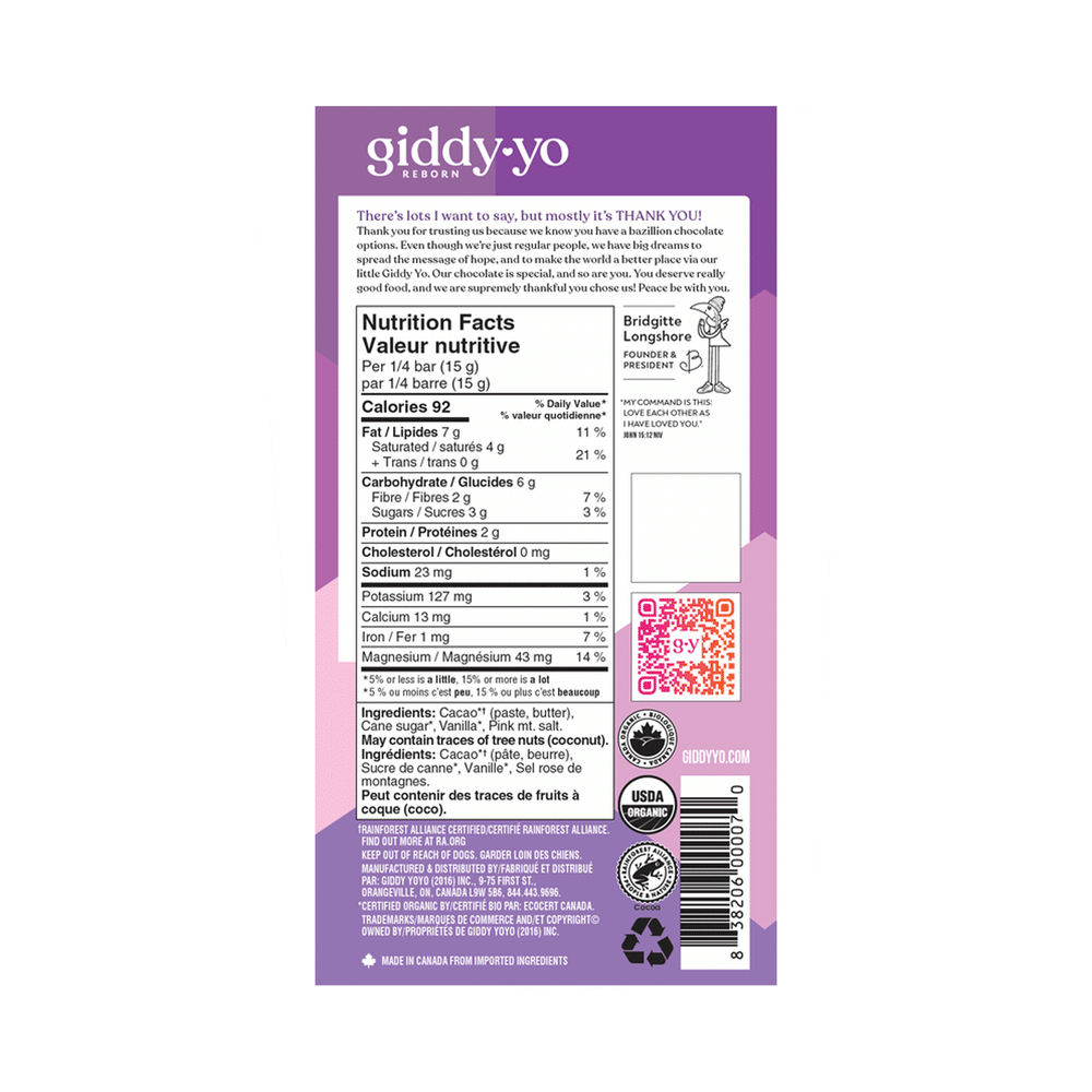 Giddy Yo Organic Vanilla Salt 82% Dark Chocolate Bar, 60g