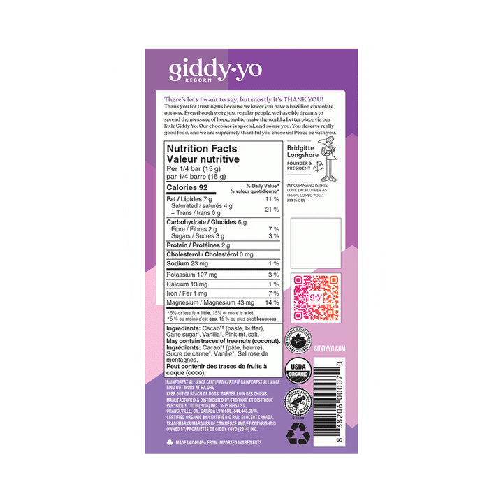 Giddy Yo Organic Vanilla Salt 82% Dark Chocolate Bar, 60g