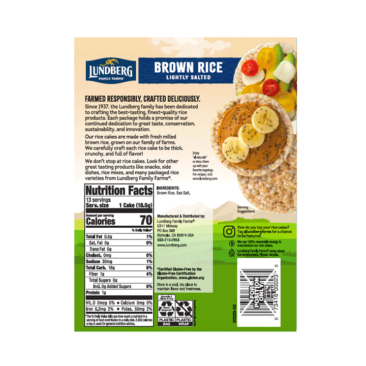 Lundberg Family Farms Organic Brown Rice Cakes - Lightly Salted, 241g