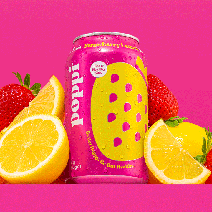 POPPI Sparkling Prebiotic Soda Strawberry Lemon, 4 x 355 ml
