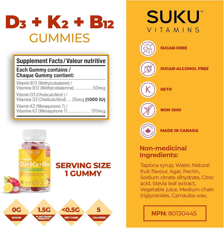 Suku Vitamins - Vitamin D3 + K2 + B12, 60 Gummies
