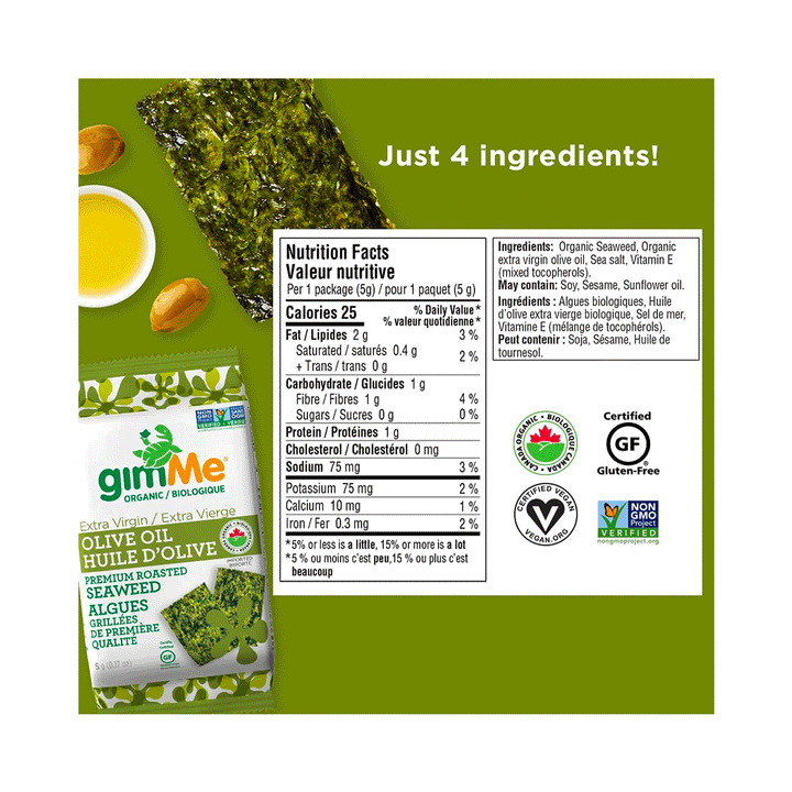 GimMe Organic Sea Salt & Olive Oil Roasted Seaweed Snacks, 6x4.5g
