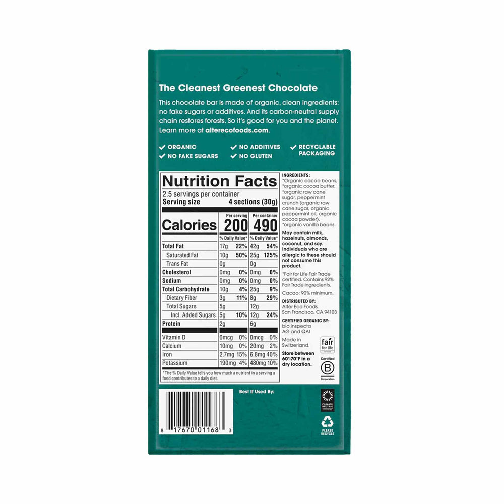 Alter Eco Organic Mint Blackout Dark Chocolate Bar (90% Cacao), 75g