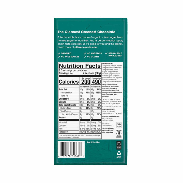 Alter Eco Organic Mint Blackout Dark Chocolate Bar (90% Cacao), 75g