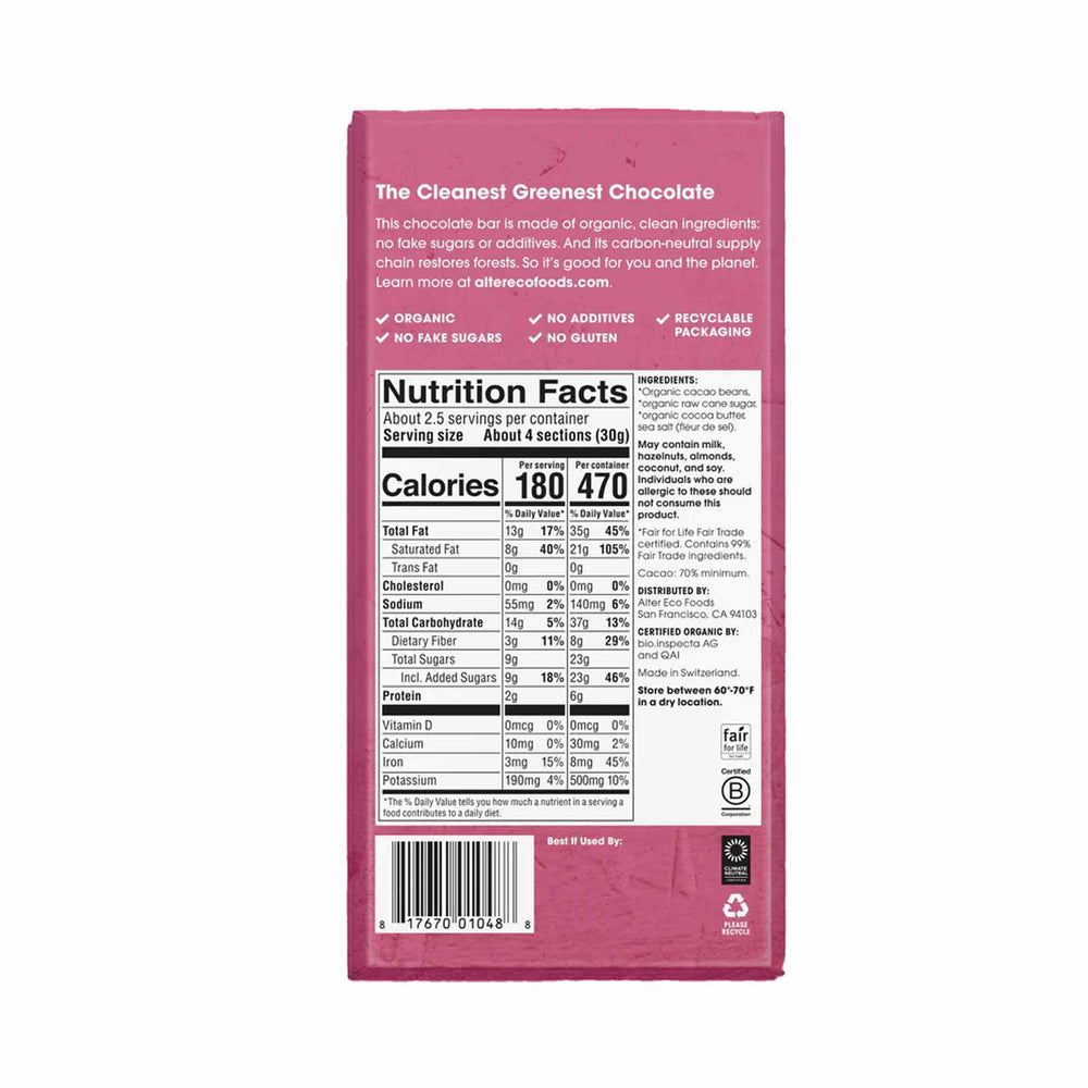 Alter Eco Organic Sea Salt Dark Chocolate Bar (70% Cacao), 80g