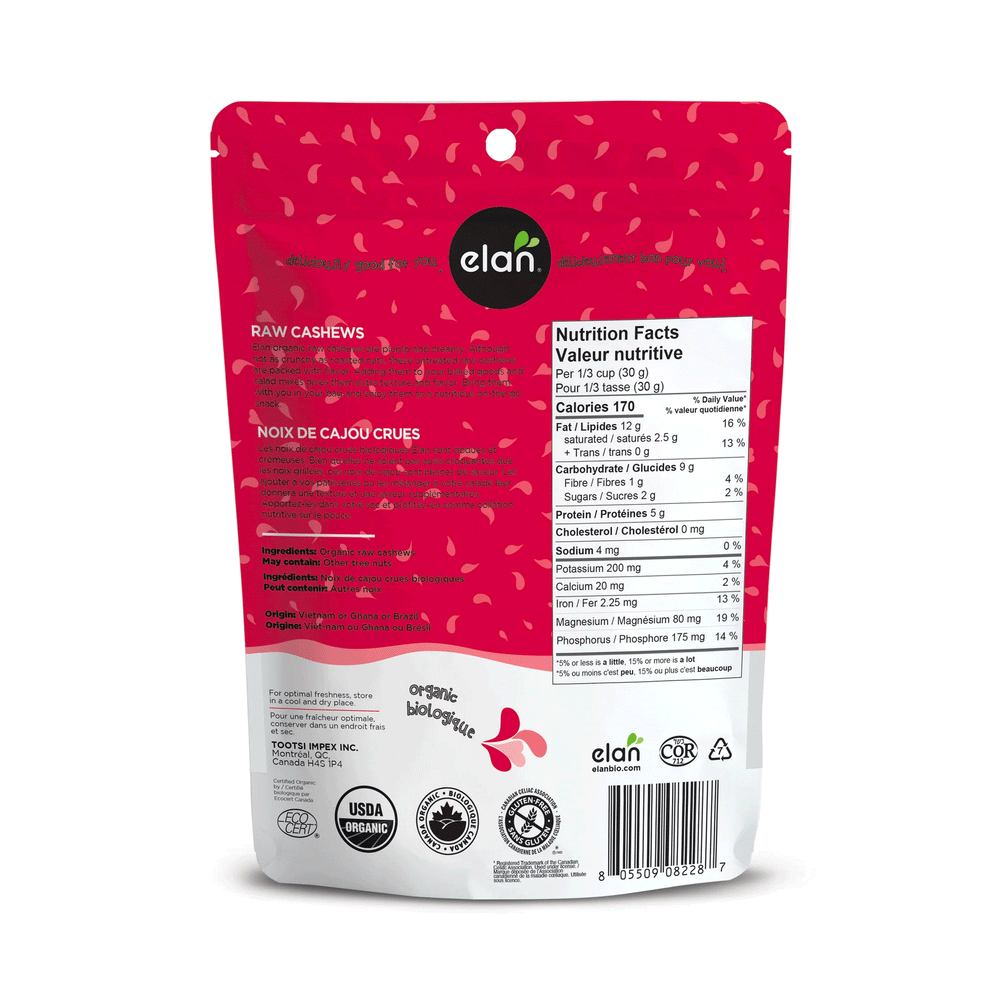 Elan Organic Raw Cashews, 185g