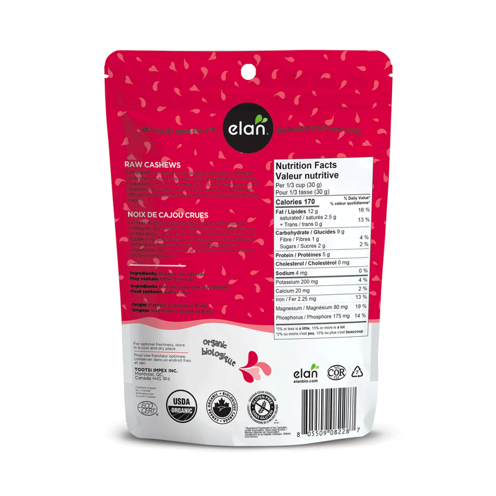 Elan Organic Raw Cashews, 185g