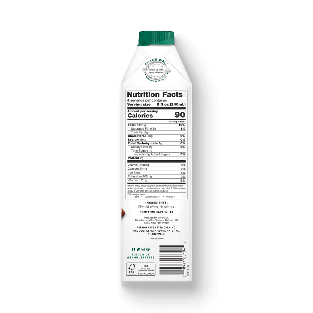 Elmhurst Unsweetened Hazelnut Milk, 946ml