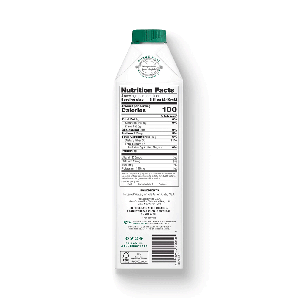 Elmhurst Unsweetened Oat Milk, 946ml