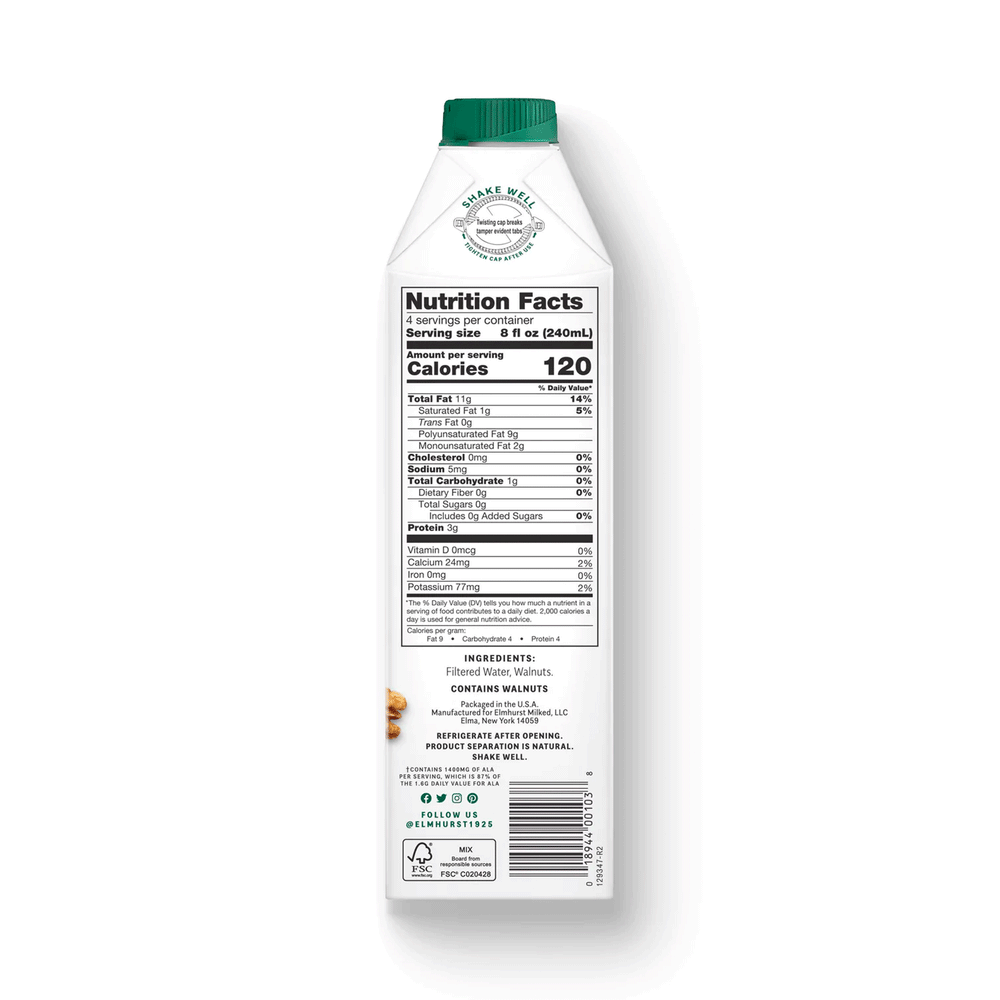 Elmhurst Unsweetened Walnut Milk, 946ml