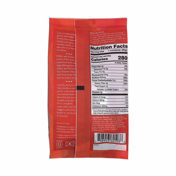 Lotus Foods Millet & Brown Rice Ramen With Red Miso Soup, 10X80g