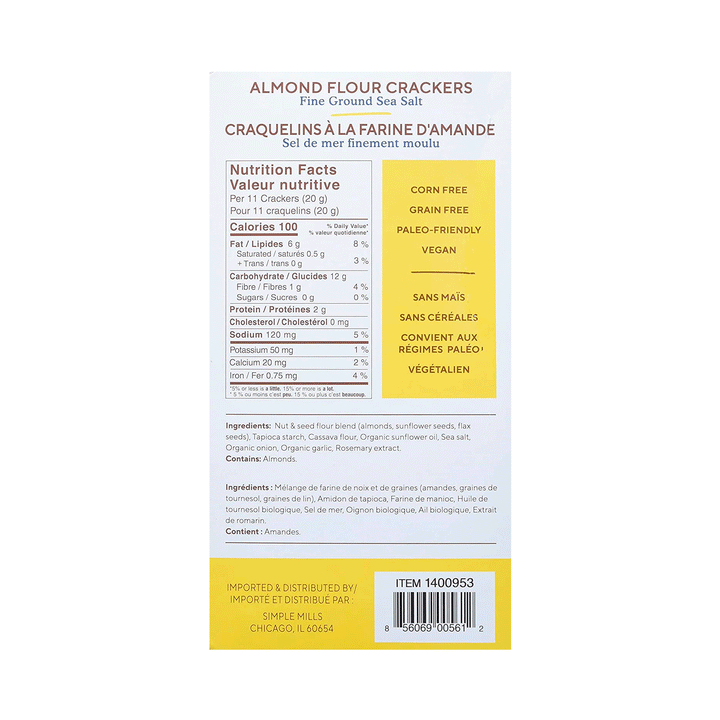 Simple Mills Fine Ground Sea Salt Almond Flour Crackers, 482g