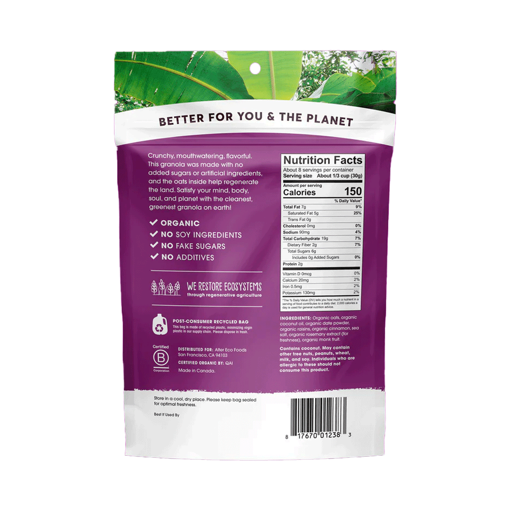 Alter Eco Cinnamon Raisin Organic Granola (No Sugar Added), 227g