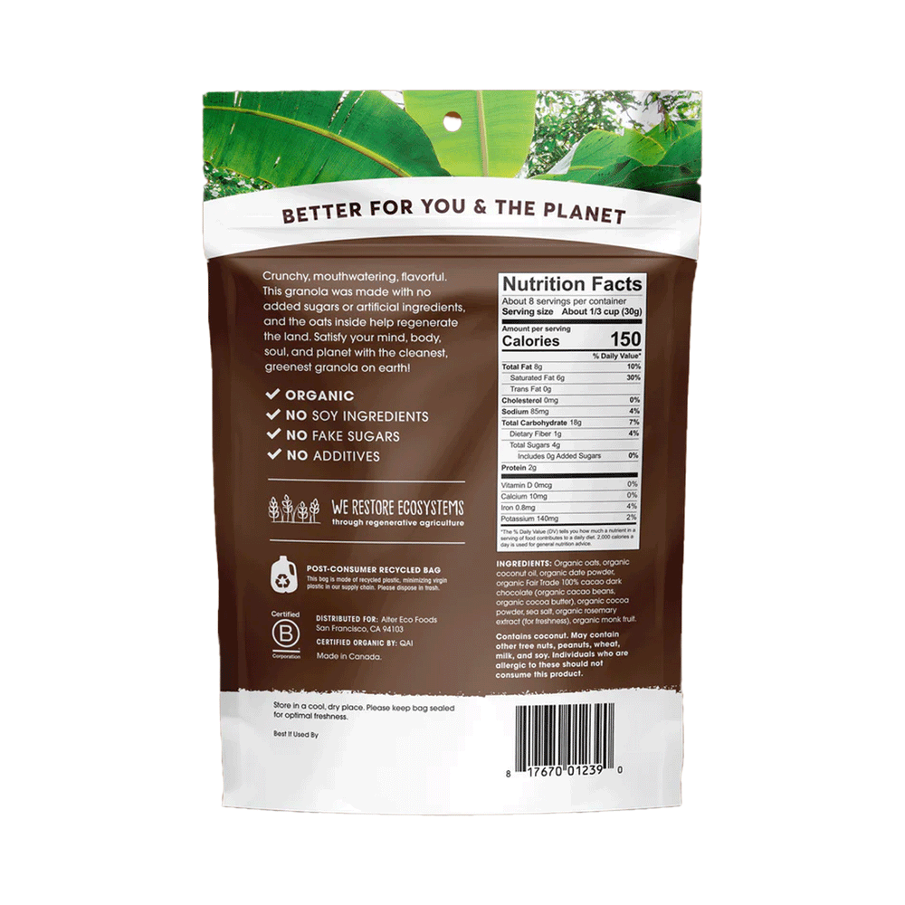 Alter Eco Dark Chocolate Organic Granola (No Sugar Added), 227g