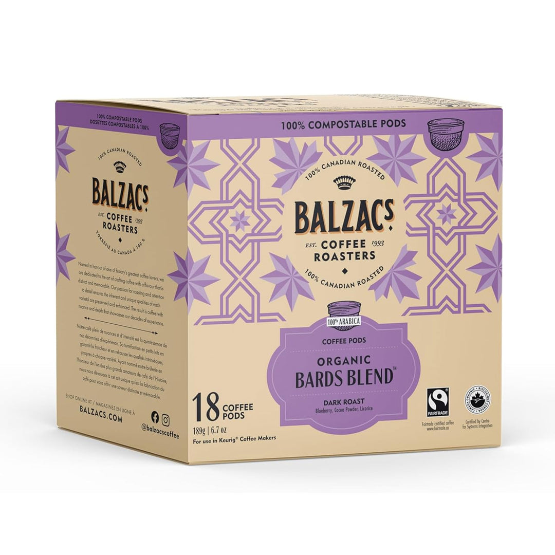 Balzac's Coffee Roasters Bard's Blend (Fair Trade Organic) - Dark Roast, 18 Pods (100% Compostable)