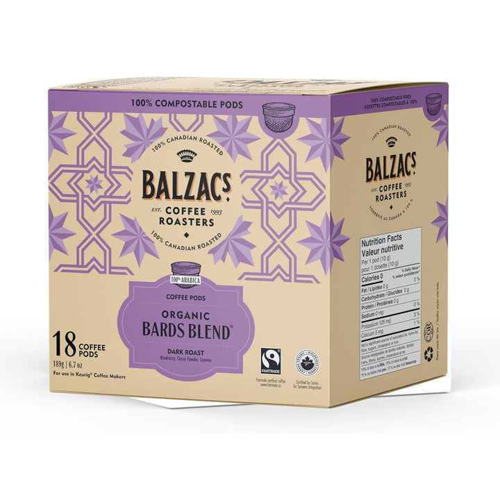 Balzac's Coffee Roasters Bard's Blend (Fair Trade Organic) - Dark Roast, 18 Pods (100% Compostable)