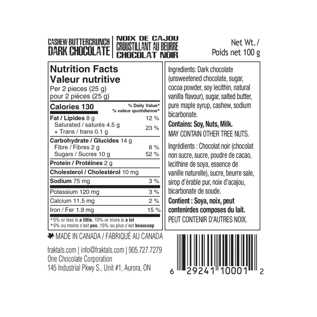 Fraktals Cashew Buttercrunch 70% Belgian Dark Chocolate, 100g