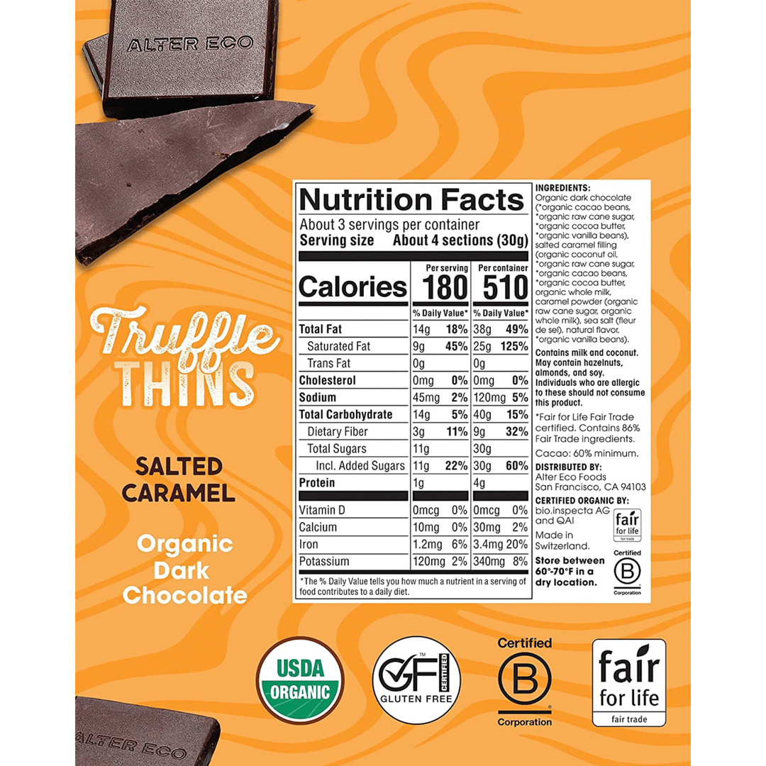 Alter Eco Organic Salted Caramel Dark Chocolate Truffle Thins (60% Cacao), 84g