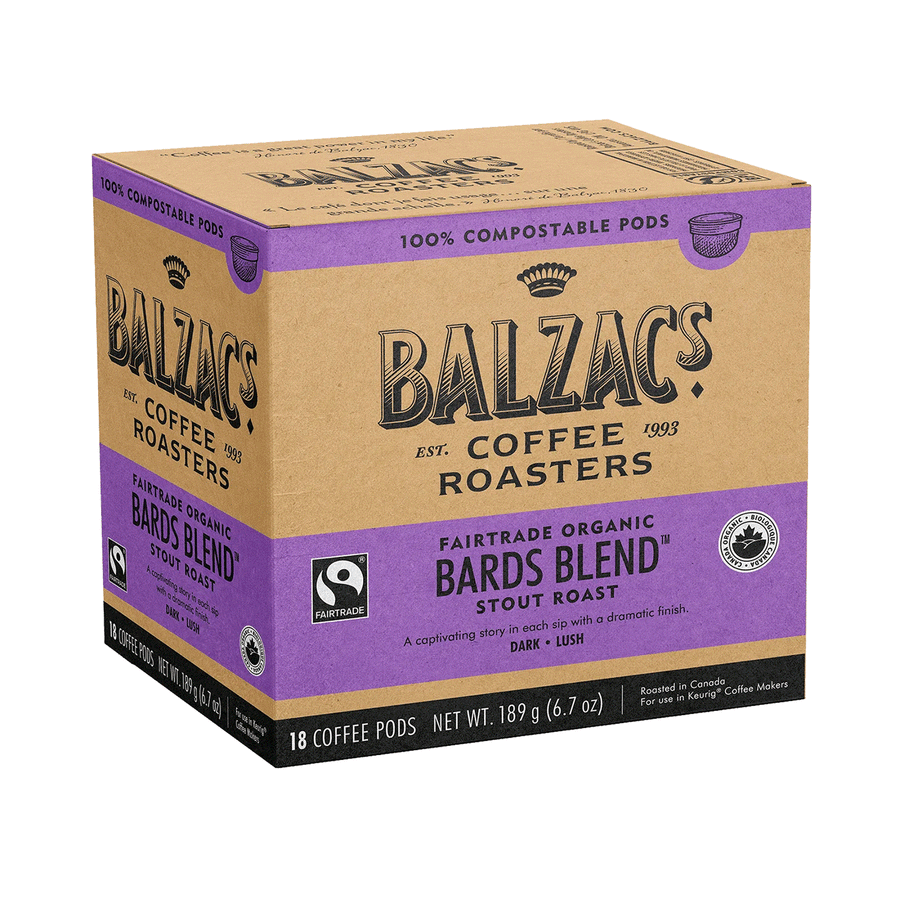 Balzac's Coffee Roasters Bard's Blend (Fair Trade Organic) - Dark Roast, 18 Pods (100% Compostable)