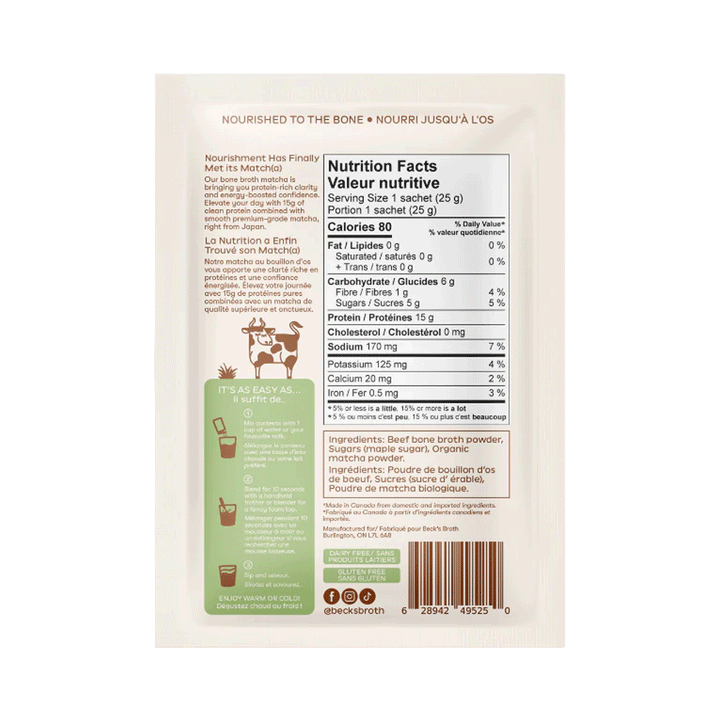 Beck's Broth Protein Matcha Latte Bone Broth Powder, 25g