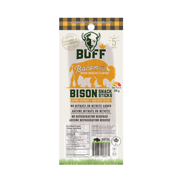 BUFF Bison Bacon Burger Snack Sticks, Grass-Fed Protein Snack, 5-Pack