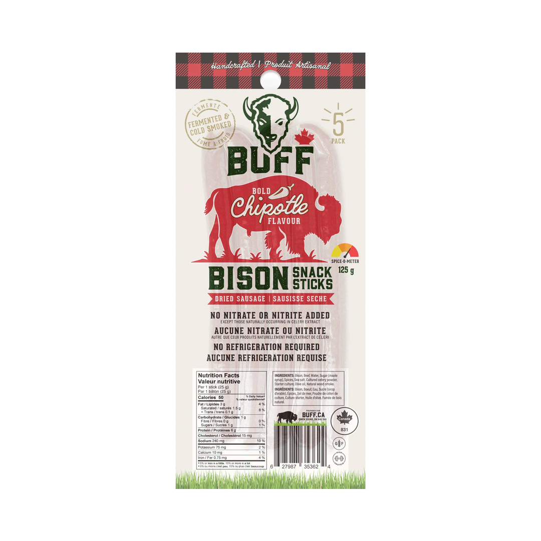 BUFF Bison Snack Sticks (Bold Chipotle), Grass-Fed Protein Snack, 5-Pack