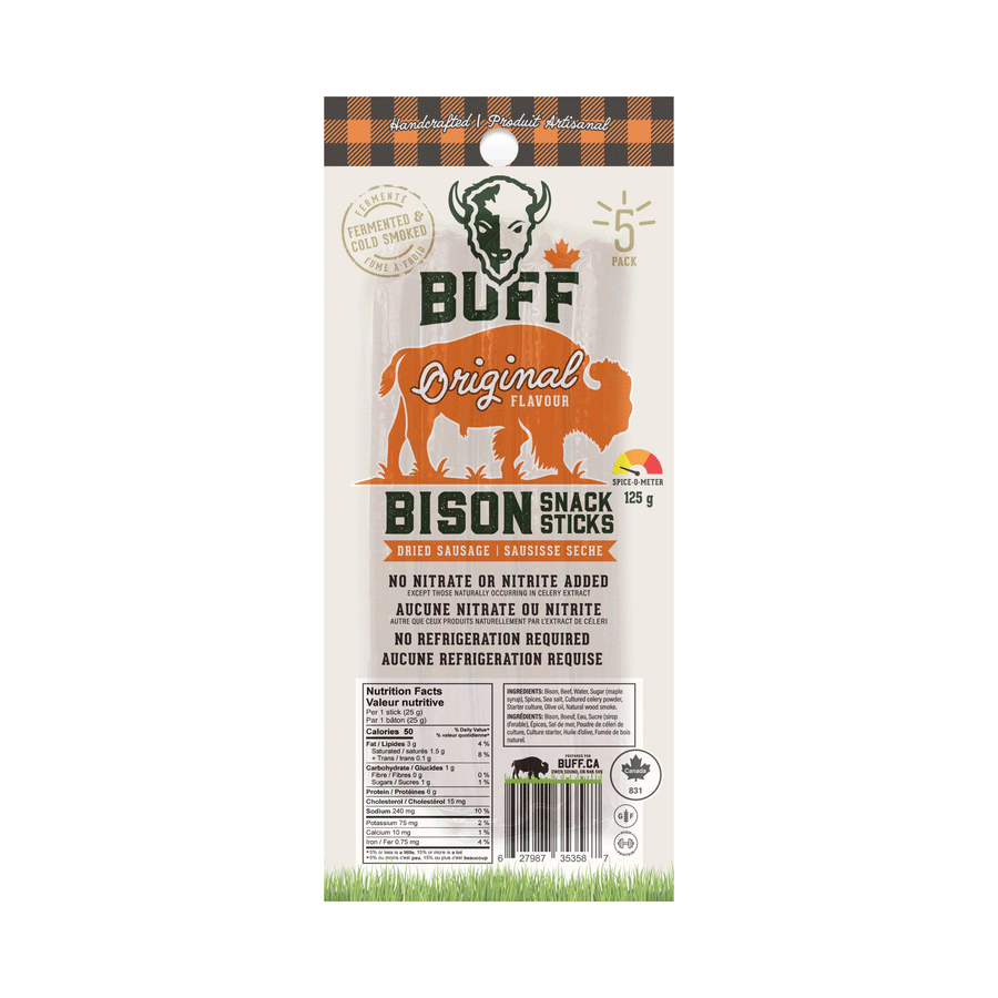 BUFF Bison Snack Sticks (Original), Grass-Fed Protein Snack, 5-Pack