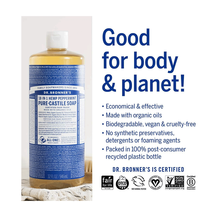 Dr. Bronner's Organic 18-In-1 Pure Castille Soap - Peppermint, 946ml