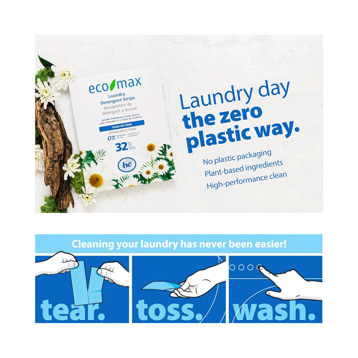 Eco-Max Laundry Detergent Strips - Fragrance Free, 32 Loads