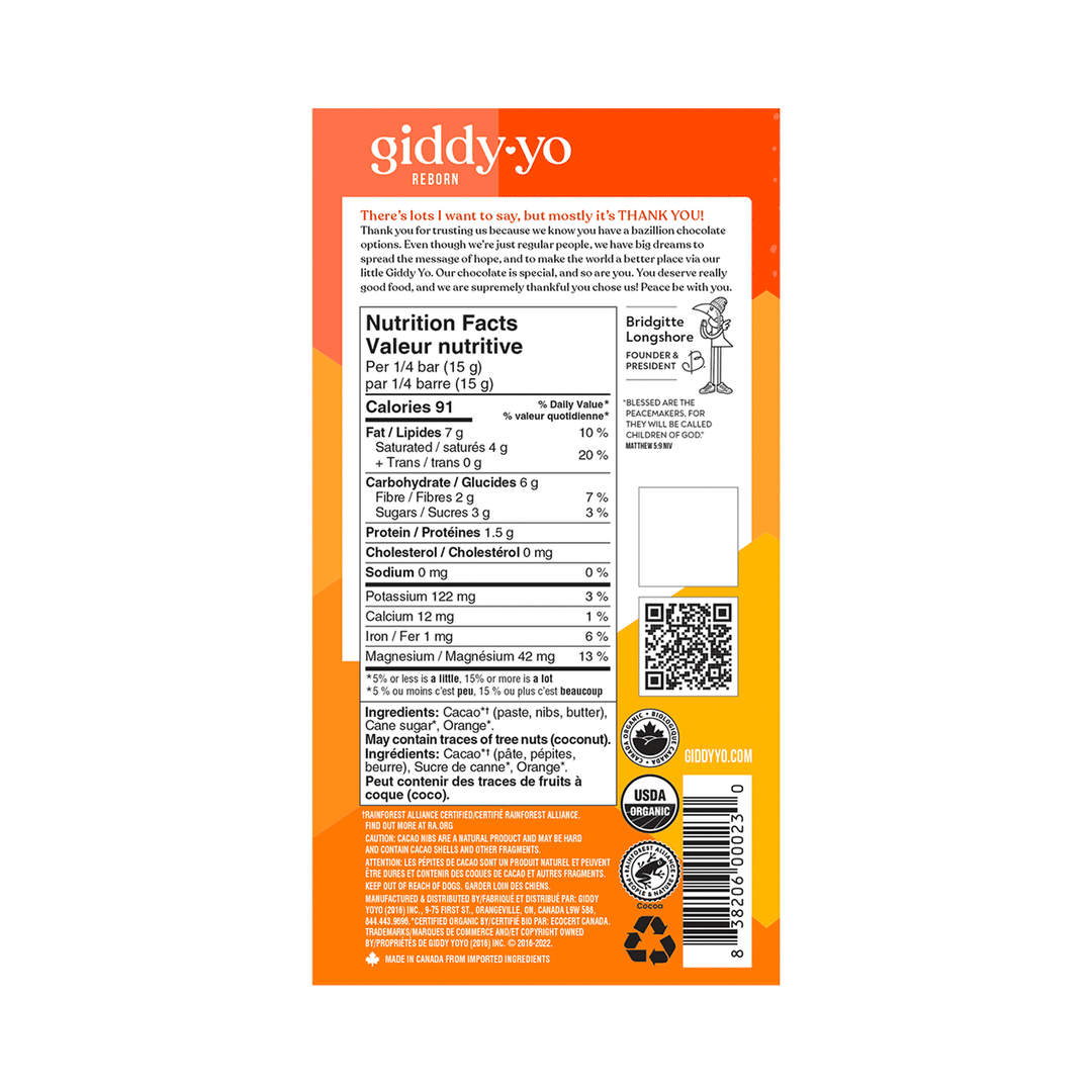 Giddy Yo Organic Orange Crunchy 78% Dark Chocolate Bar, 60g