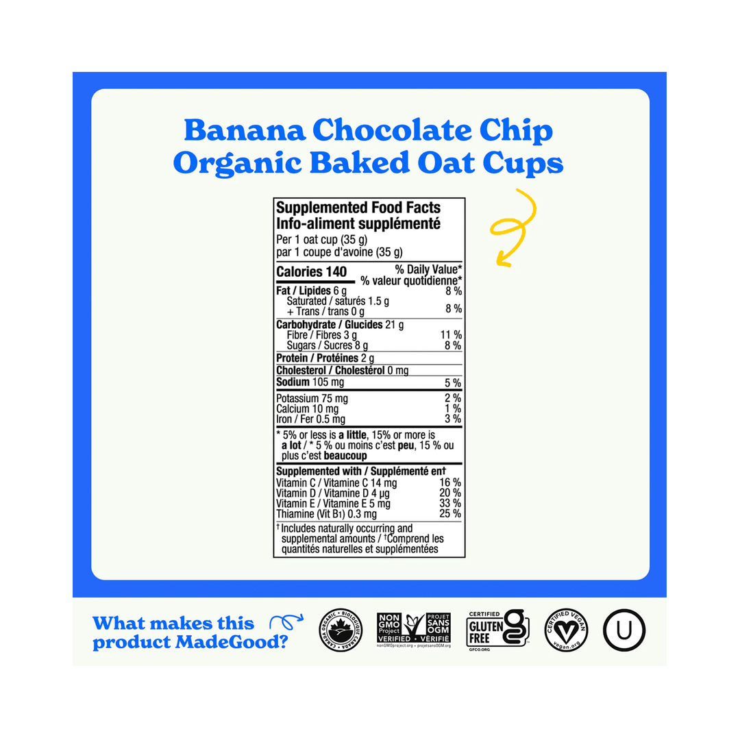 Made Good Mornings Organic Baked Oat Cups - Banana Chocolate Chip, 5 Pack