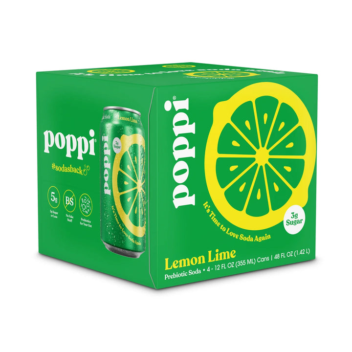 POPPI Sparkling Prebiotic Soda, Lemon Lime, 4-Pack