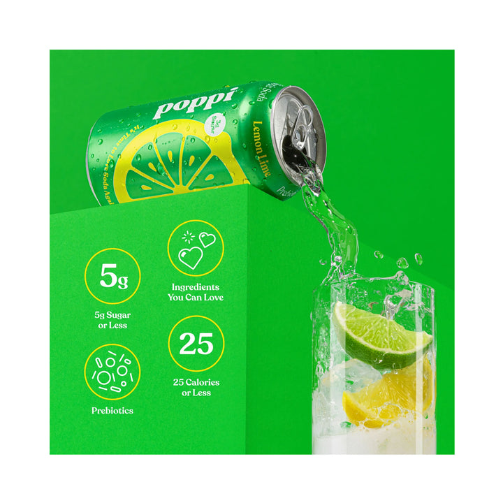 POPPI Sparkling Prebiotic Soda, Lemon Lime, 4-Pack