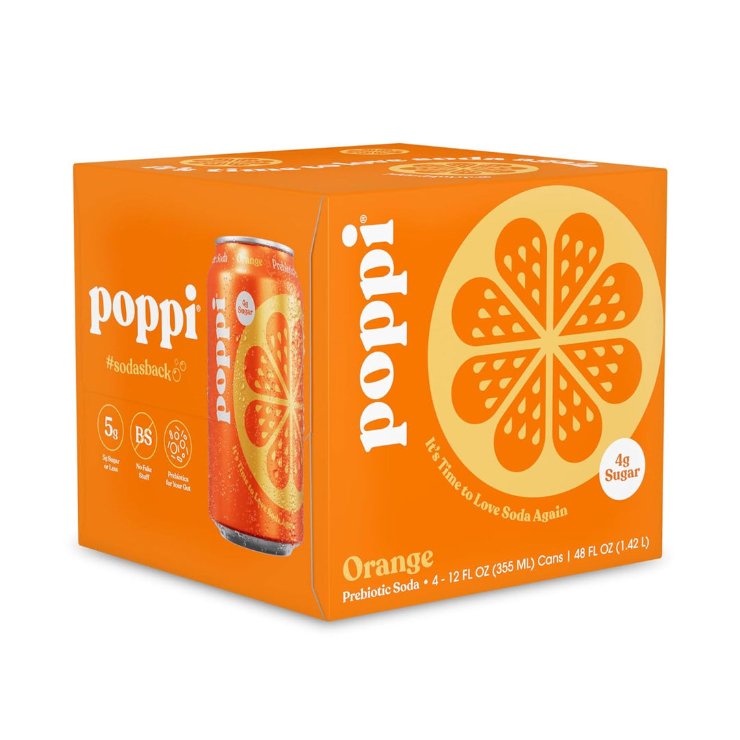 POPPI Sparkling Prebiotic Soda, Orange, 4-Pack