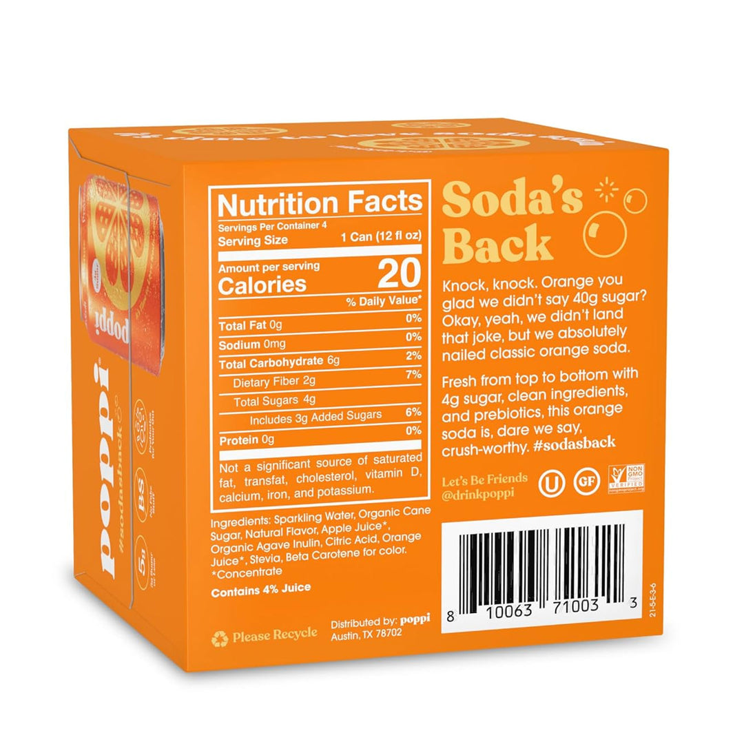 POPPI Sparkling Prebiotic Soda, Orange, 4-Pack