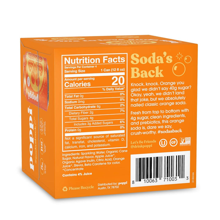 POPPI Sparkling Prebiotic Soda, Orange, 4-Pack