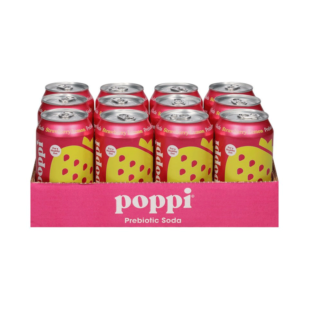 POPPI Sparkling Prebiotic Soda, Strawberry Lemon, 12oz (12 Pack)