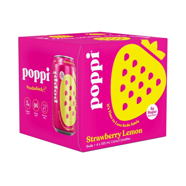 POPPI Sparkling Prebiotic Soda Strawberry Lemon, 4 x 355 ml