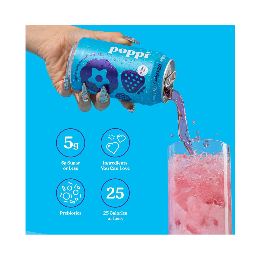 POPPI Sparkling Prebiotic Soda, Wild Berry, 4-Pack