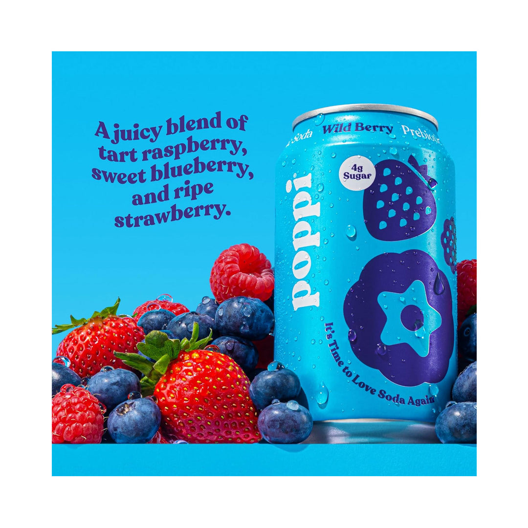 POPPI Sparkling Prebiotic Soda, Wild Berry, 4-Pack