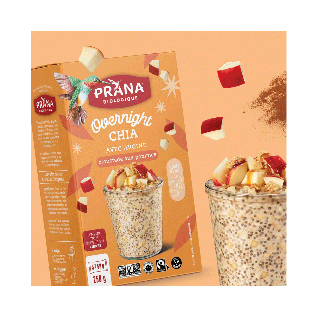 Prana Overnight Chia - Apple Crumble Organic Oat & Chia Mix, 250g (5x50g)