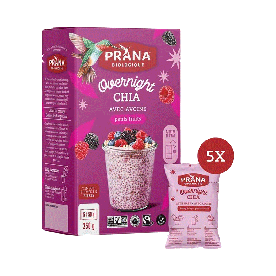 Prana Overnight Chia - Berry Fairy Organic Oat & Chia Mix, 250g (5x50g)