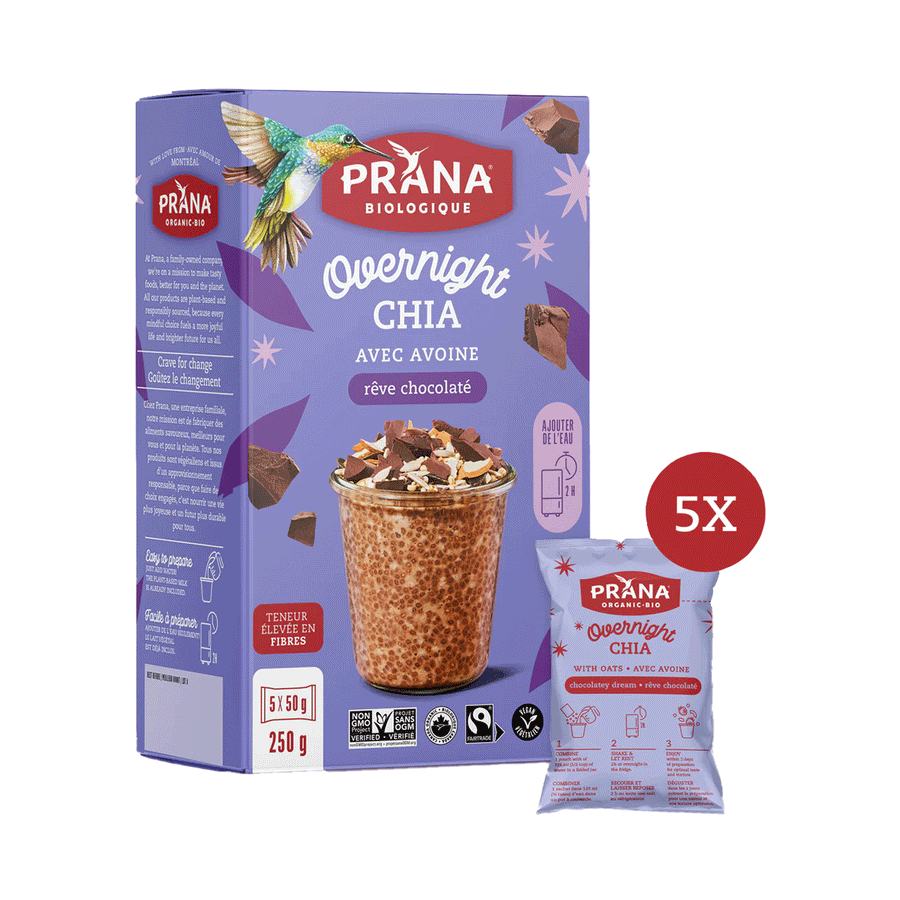 Prana Overnight Chia - Chocolatey Dream Organic Oat & Chia Mix, 250g (5x50g)