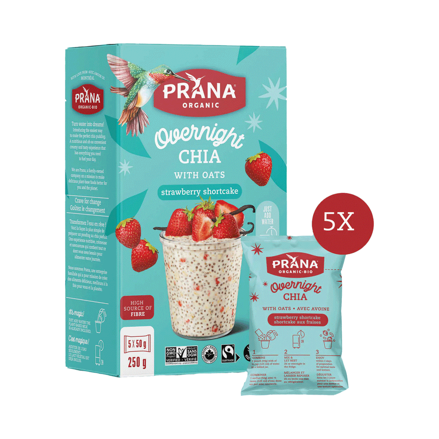 Prana Overnight Chia - Strawberry Shortcake Organic Oat & Chia Mix, 250g (5x50g)