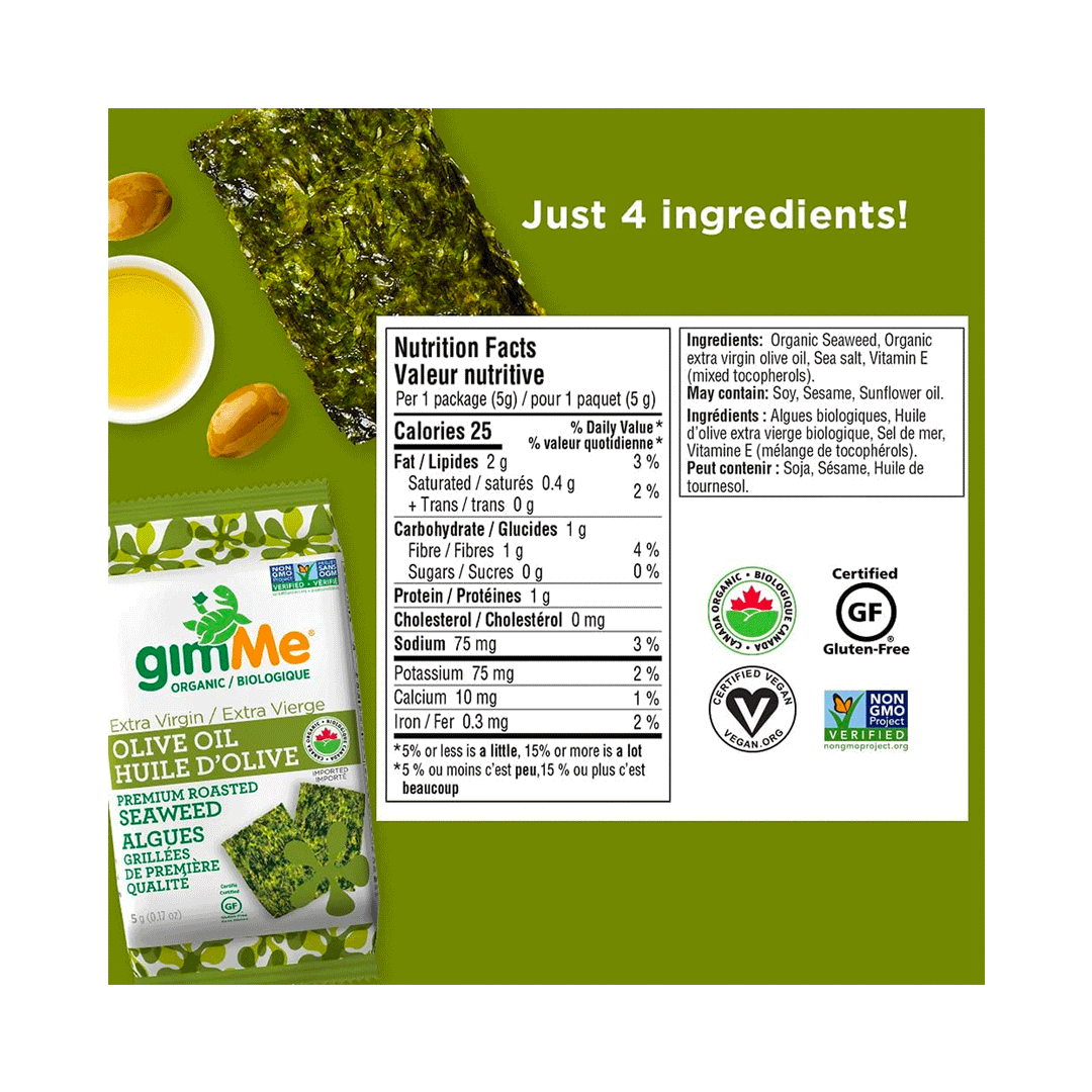 GimMe Organic Sea Salt & Olive Oil Roasted Seaweed Snacks, 6x4.5g